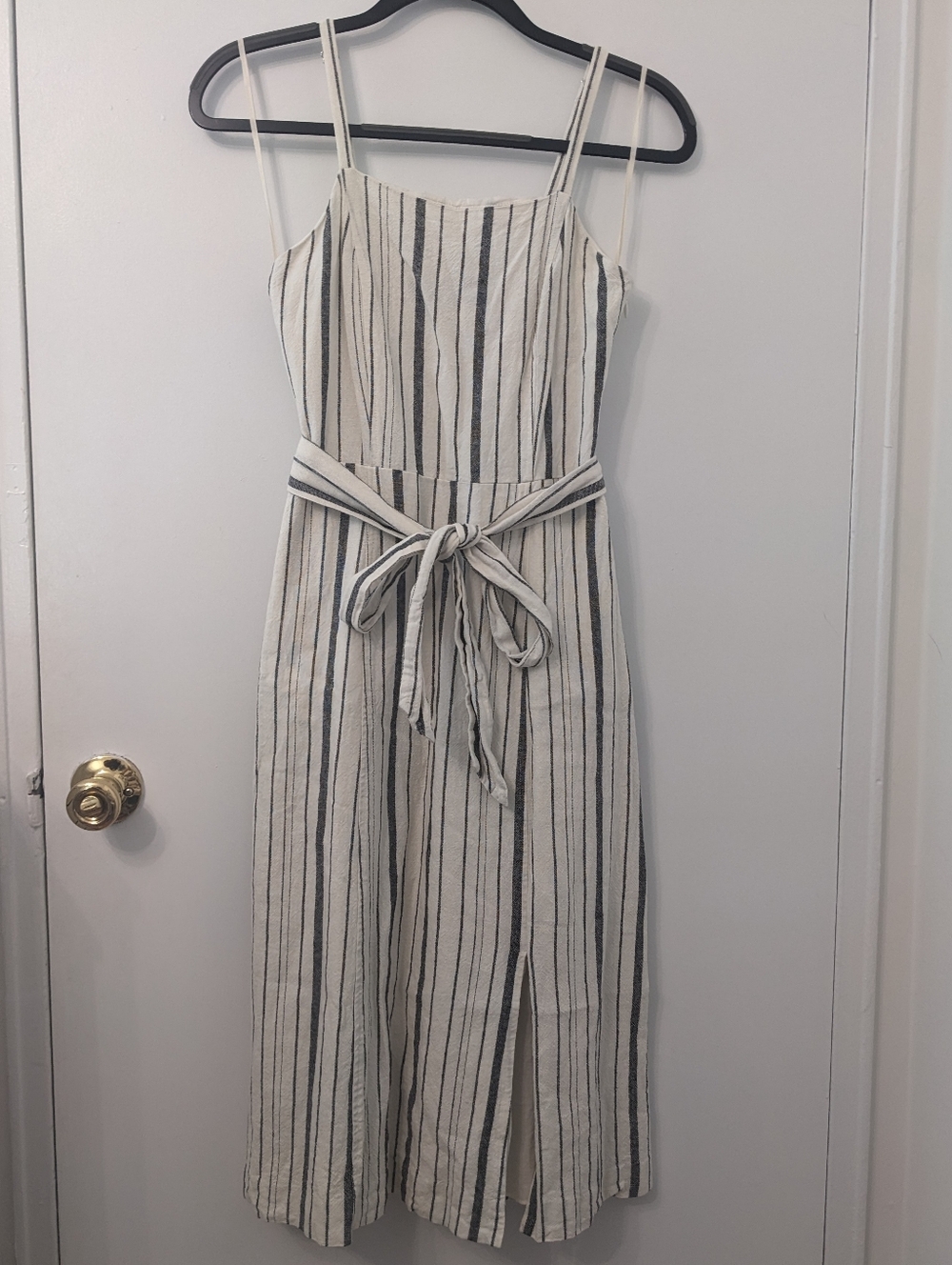 RACHEL Rachel Roy White and Gray Striped Spaghetti-Strap Linen Dress | Size 2